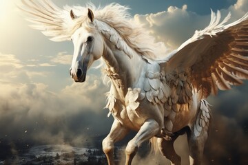 A magical pegasus with snow-white wings soars into the sky against the backdrop of a breathtaking sunset with bright red and golden clouds. Mythical horse