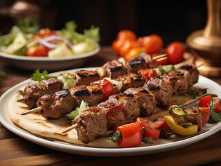 Appetizing grilled meat with vegetables and flatbread