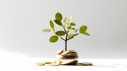 Junge Pflanze wächst aus einem Geld-Topf mit Münzen - obrazy, fototapety, plakaty