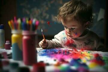 Child coloring with paints. Generative AI