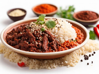 Mexican culinary symphony: spicy composition with pepper, chocolate, rice and lamb, side view