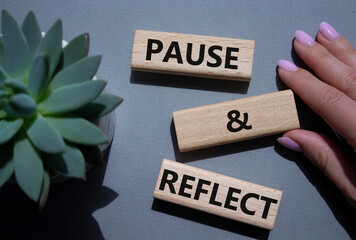 Pause and Reflect symbol. Concept words Pause and Reflect on wooden blocks. Beautiful grey background with succulent plant. Businessman hand. Business and Pause and Reflect concept. Copy space.