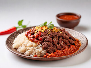  Authentic Mexican cuisine: a spicy gastronomic symphony with pepper, chocolate, rice and lamb, side view