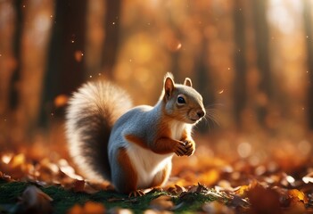 Wild squirrel in autumn forest