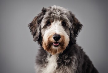 Happy aussiedoodle breed dog isolated on grey background