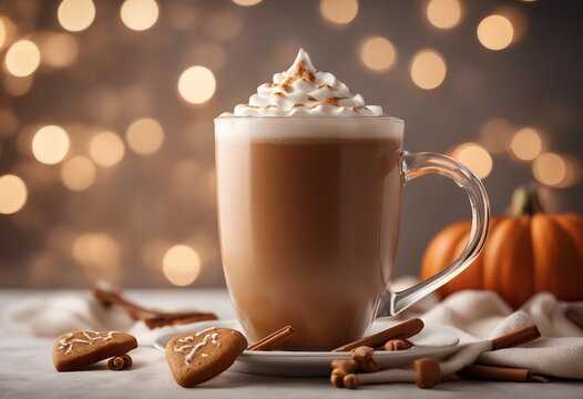 3d illustration of gingerbread latte pumpkin spice latte caramel latte hot chocolate Festive mood and autumn decoration on a table Halloween or Thanksgiving day enjoyment