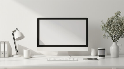 laptop monitor pc desk Mockup Blank screen computer desktop with keyboard. white minimalism