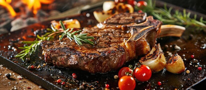 Grill rib steak on metal sheet