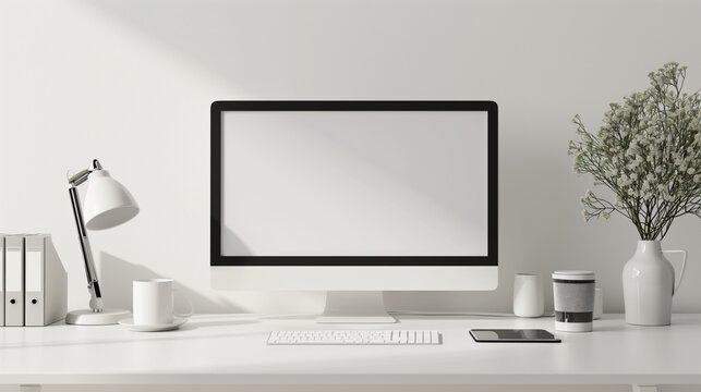 laptop monitor pc desk Mockup Blank screen computer desktop with keyboard. white minimalism