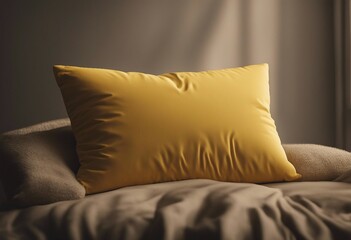 Yellow pillow on bed close up