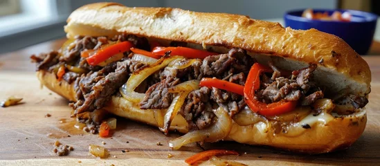 Zelfklevend Fotobehang Philly cheesesteak sandwich with homemade onions and peppers. © AkuAku