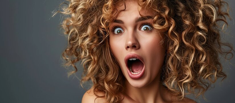 Startled girl screaming and looking to the side while showcasing your product. Attractive curly-haired woman. Model with wavy hairstyle and expressive face.
