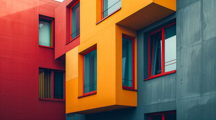 Minimalistic Contemporary Architecture. Modern Geometric Structure, Clean Lines, Industrial Design, Asymmetrical Facade. Vivid Color Blocks. Renovated Renewed Urban Property in European Downtown.