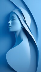 a sculpture of a woman's head in front of a blue wall.