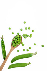 Fresh green peas with pod isolated on white background, healthy green vegetable or legume ( pisum sativum ) - obrazy, fototapety, plakaty