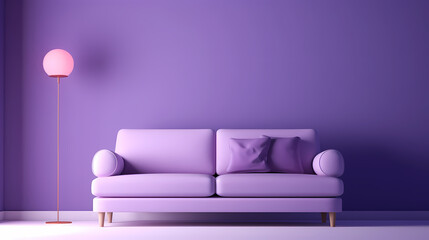 Comfortable modern purple sofa on minimalist background, empty room