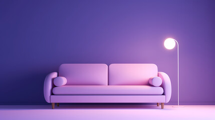 Comfortable modern purple sofa on minimalist background, empty room