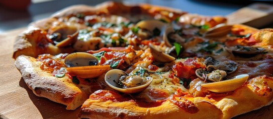 Homemade pizza with clams, oregano, and bacon. - obrazy, fototapety, plakaty