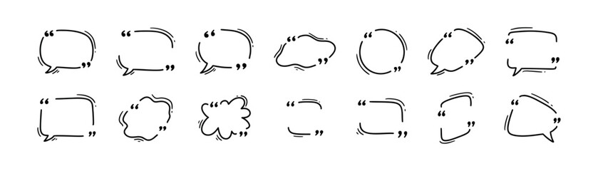Doodle quotation mark box. Hand drawn blank quote text speech bubble. Sketch feedback design. Dialogue, conversation, talk template. Scribble vector illustration