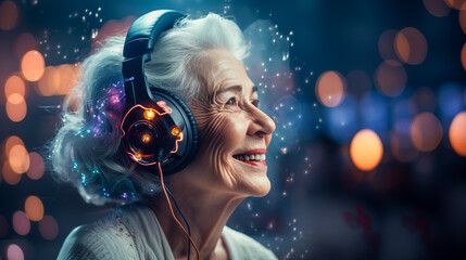 Senior Woman in Headphones Smiling, Enjoying Her Favourite Music, Audiobook, Video Call with Relatives, Familiar Experiences Even Better with Her New Modern Gadget, Embracing High Tech, Inclusiveness