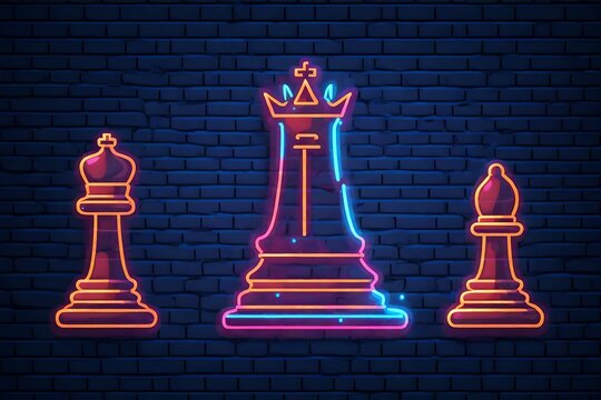 Chess piece on black background ultra neon thin outline