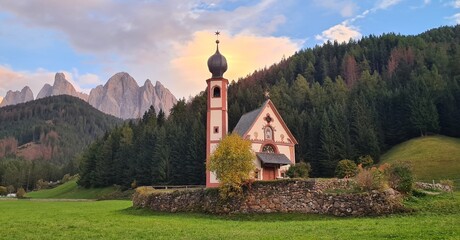 Beautiful Church of St John of Nepomuk , Dolomites, South Tyrol. Famous best alpine place of the...