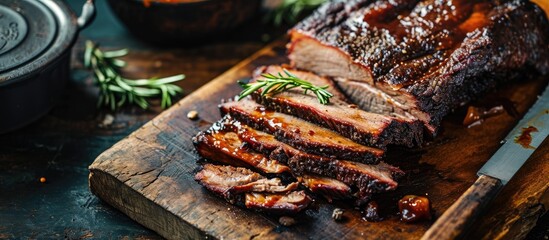 Sliced smoked wagyu beef brisket on cutting board with copy space