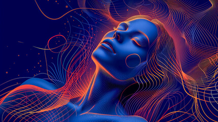 Woman in Immersive Internet, Virtual Reality. Infinite Possibilities, Big Data, Enhancement. Digital Twin, Online Identity, Trust. Connection to the World via ICT Networks, Future, High Technology, AI