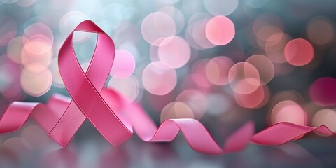 pink ribbon breast cancer in bokeh background - obrazy, fototapety, plakaty