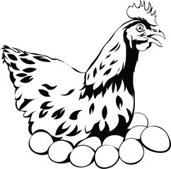 Cartoon Black and White Isolated Illustration Vector Of A Chicken Laying On Top of Chicken Eggs