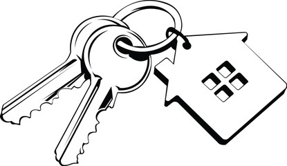 Cartoon Black and White Isolated Illustration Vector Of A Pair Of House Keys with A House Keychain