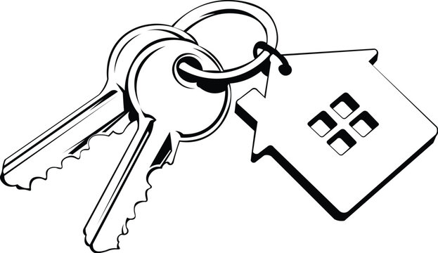 Cartoon Black and White Isolated Illustration Vector Of A Pair Of House Keys with A House Keychain
