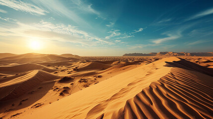 Fototapeta na wymiar Endless Sahara Horizon: An expansive view of the Sahara Desert, with a clear blue sky stretching over endless dunes, showcasing the breathtaking vastness of the desert
