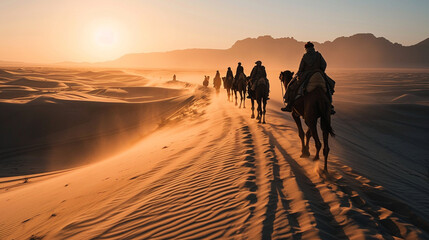 Nomad’s Camel Caravan:  A caravan of camels led by nomads, traversing the vast desert with sand dunes stretching to the horizon, embodying the spirit of desert journeys - obrazy, fototapety, plakaty