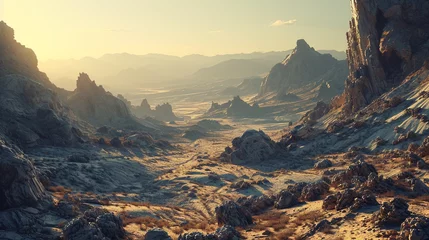 Papier Peint photo Gris 2 Lunar-Like Landscape:  A desolate, lunar-like landscape with rocky outcrops and barren expanses, illustrating the otherworldly beauty of certain desert terrains