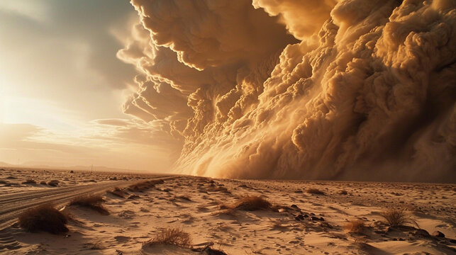 Sandstorm Drama:  A dramatic scene of a sandstorm approaching, with swirling clouds of dust and sand engulfing the desert in a display of natural power