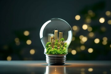 
Paper cut of light bulb with green eco city 