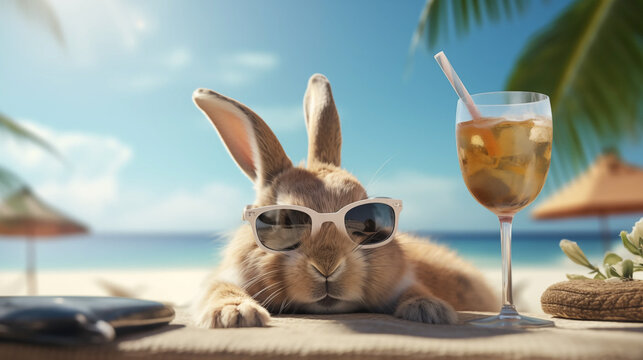 Entspannter Hase mit Sonnenbrille genießt tropischen Strandurlaub zu Ostern, kühles Getränk und Sommeratmosphäre