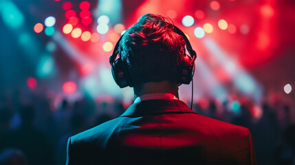 an audio specialist in headphones controls the sound level at a music concert or election campaign.back view