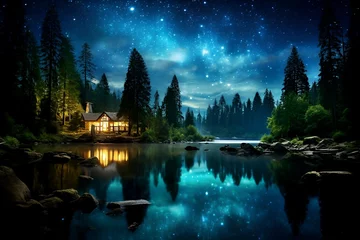 Fotobehang a charming cottage on the edge of a calm river on a starry night in the forest © Vivian Li