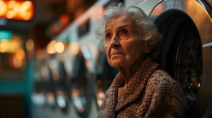 Obraz premium An elderly woman stands near a washing machine