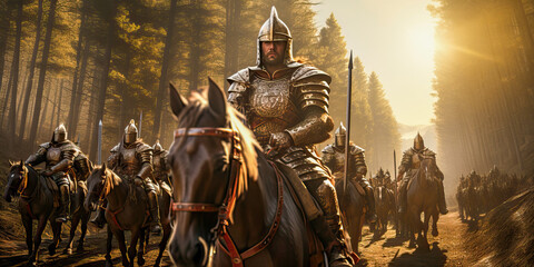 Naklejka premium Medieval knights riding to adventure