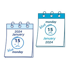Calendar sheet with Blue Monday 2024 date January 15th and hand drawn smiley face. Set of 2 options