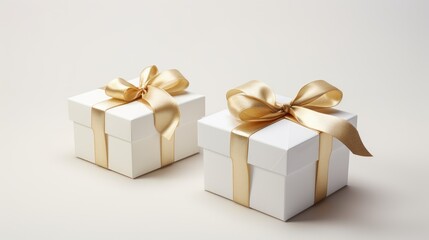 Obraz premium Luxury white gift boxe with gold ribbon in white background and, minimal gift box, birthday, happy, Mother's Day, Father's Day, black friday, white package