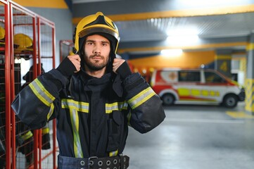 Fireman wearing protective uniform standing in fire department at fire station