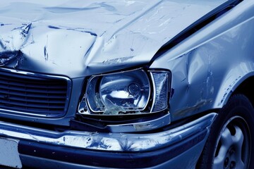 Impact Aftermath: Shattered Headlight and Bent Hood on Car