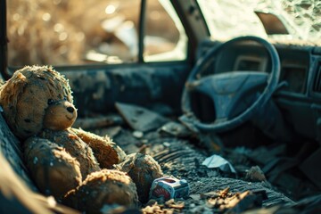 Old Teddy Bear and Broken Steering Wheel in Vintage Car