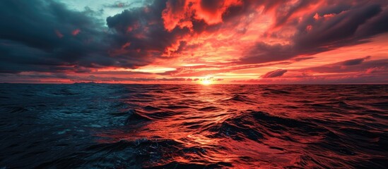 Scarlet dusk above the sea. - obrazy, fototapety, plakaty
