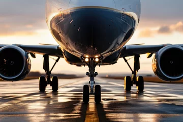 Fotobehang view of an airplane's landing gear in action as it rises from the runway, providing insight into the mechanics of flight © Konstiantyn Zapylaie