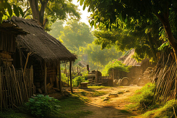 Ancient village life, a snapshot of daily life in an ancient village within a primitive society, illustrating early forms of agriculture, craftsmanship, and social interactions, with copy space.